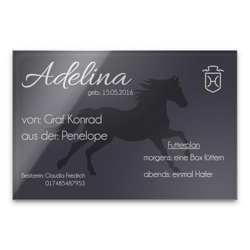 CHRISCK design Edle Stalltafel Boxenschild Namen und Abstammung Brandzeichen für Ihr Pferd 30x20 cm Pferdebox Pferde-Schilder aus bruchsicherem Hochglanz Acrylglas - kratzfester Druck von CHRISCK design