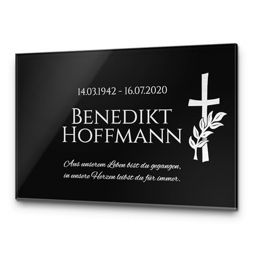 CHRISCK design Gedenkstein Grabstein aus Hochglanz Acrylglas Grabplatte mit Gravur Rosen ab 30x20 cm Gedenktafel für Menschen personalisiert Gedenkplatte Grabschmuck schwarz Andenken wetterfest von CHRISCK design