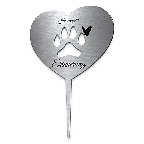 CHRISCK design Grabstecker Herz mit Pfote aus Edelstahl mit Trauer Spruch oder Namen | Grabschmuck Katze o. Hund - Grab Deko für Tiere | wetterfest & personalisierbar für EIN Tiergrab o. Garten von CHRISCK design