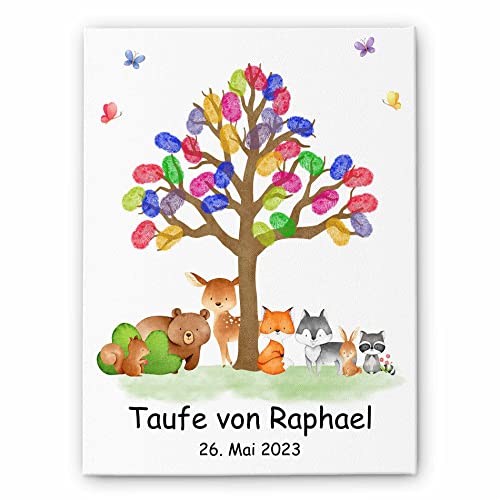 CHRISCK design Leinwand mit Fingeabdrücken zur Taufe mit Tieren optional mit Stempelkissen und Stift - ideal als Gästebuch für eine Taufe | Taufe Geschenk Babyparty - Größe ab 24x30 cm von CHRISCK design