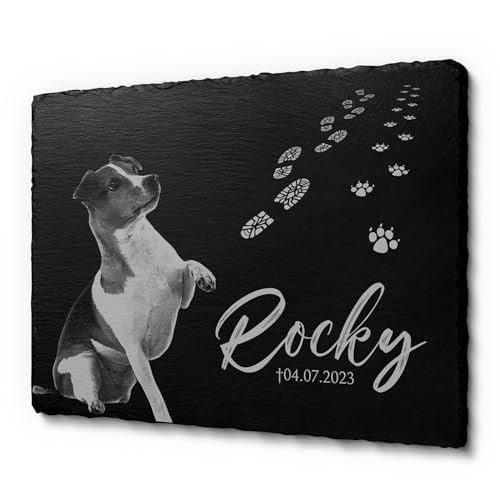 Schiefer Gedenkstein Gedenktafel mit einer Laser-Gravur für Hunde und Katzen | Grabplatte für Hunde und Katzen mit Text | Grabstein für den Garten oder Innen- & Aussenbereich - 20x15 cm von CHRISCK design