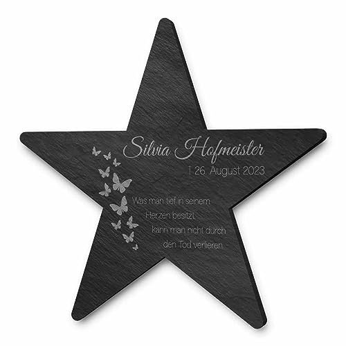 CHRISCK design Schiefer Gedenktafel in Stern Form mit individueller Gravur und Motiven - Größe ca. 20x19,5 cm | Besonderer Grabstein für den Außen- oder Innenbereich - Personalisiertes Andenken von CHRISCK design