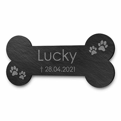 CHRISCK design Schieferknochen mit personalisierter Gravur und schönen Motiven - Gedenktafel für Hunde oder Katzen | Größe ca. 23x10,5 von CHRISCK design