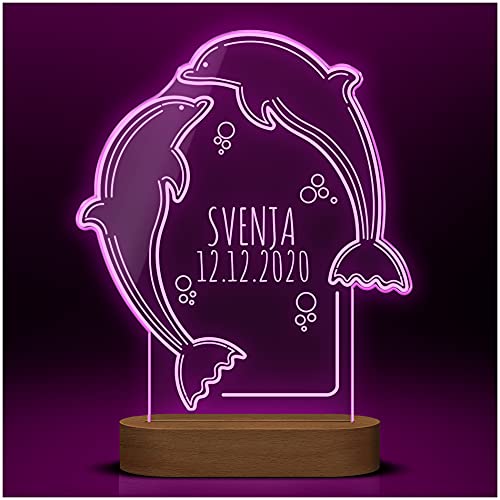 Delfin LED Nachtlicht Kinder beleuchtet - Kinderlampe mit individueller Namen Gravur | Buntes Nachtlicht aus Acrylglas & Holzsockel mit USB-Kabel | Babygeschenke Mädchen Jungen - Geschenk Geburt von CHRISCK design