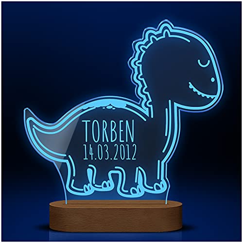 CHRISCK design Dino Nachtlicht Schlummerlicht mit LED Lampe aus Acrylglas | Dinosaurier Lampe personalisierbar mit Namen und Datum z.B Geburt Taufe Kinder Geburtstag | Babylicht Kinderlampe von CHRISCK design