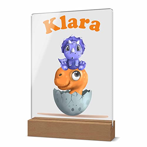 Dino Nachtlicht mit buntem Design und Namen | LED-Licht aus Acrylglas & Holzsockel mit USB-Kabel | Für kleine und große Kinder zB als Schlummerlicht oder Stilllicht von CHRISCK design