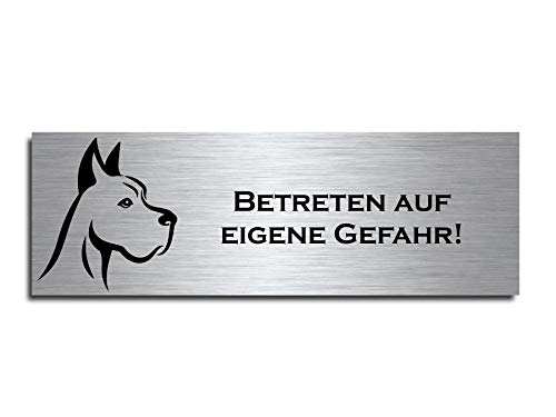 Echtes Edelstahl Hinweis-Schild Türschild Größe 10x3,5 oder 12x4 cm " Betreten auf eigene Gefahr" Hund Schäferhund selbstklebend oder mit Bohrlöcher Hier wache ich Hundeschild Modell: M3 von CHRISCK design