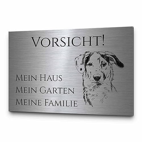 Echtes Edelstahl Hinweis-Schild Türschild Größe 12x8 oder 15x10 cm " Vorsicht " Hund - selbstklebend oder mit Bohrlöcher Betreten auf eigene Gefahr Hundeschild Modell: M10 von CHRISCK design