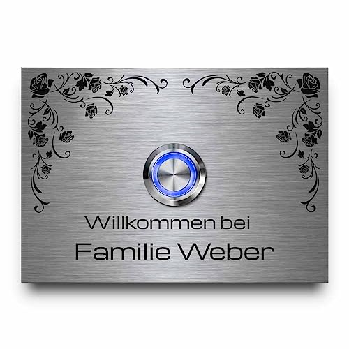 Edelstahl Klingel für die Haustür | Türklingel mit Namen und Gravur Text - Klingelschild Modell Weber ab 10x7 cm - mit Premium LED Klingeldrückern und optionaler Dekorplatte | Große Auswahl an Motiven von CHRISCK design