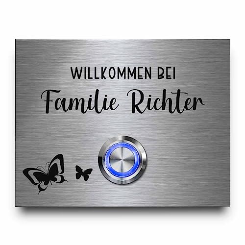 Edelstahl Klingelschild mit personalisierter Gravur und Motiv - Modell Richter ab 9x7 cm | Optional mit beleuchtetem Klingelknopf und Dekorplatten - Moderne Türklingel von CHRISCK design