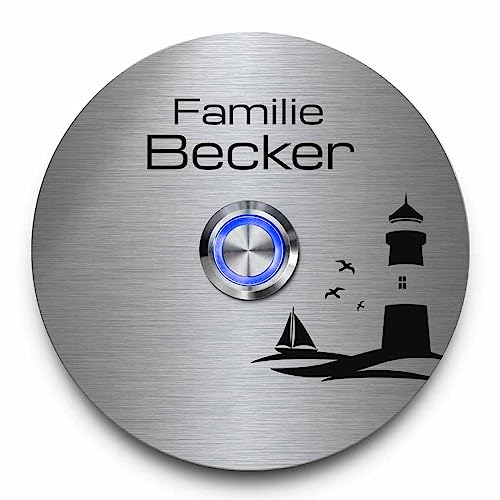 CHRISCK design - Edelstahl Türklingel Becker Ø 9 cm rund mit einem Klingel-Taster/LED Beleuchtung und schönen Dekorplatten aus Acrylglas Namensschild/Klingelplatte von CHRISCK design