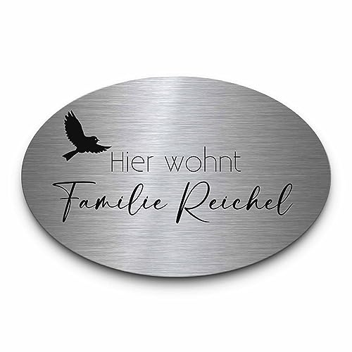 Edelstahl Schild mit Gravur | Personalisiertes Türschild selbstklebend o. mit Bohrung | ovale Namensschilder mit Namen & vielen Motiven | wetterfest für Briefkasten Zaun Bank oder Tür von CHRISCK design