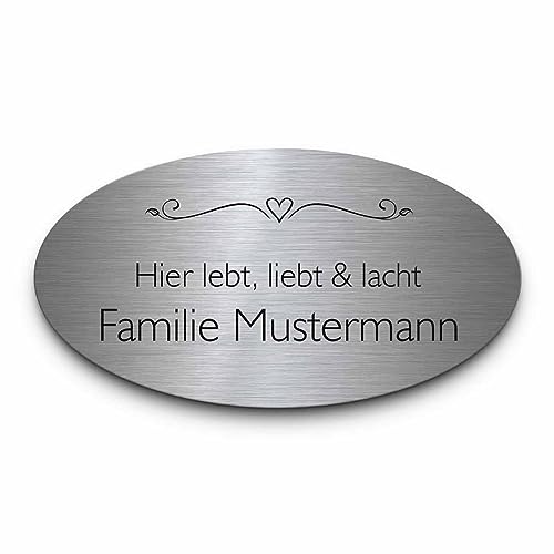 Edelstahl Türschild | edles Metallschild mit Gravur | ovale Namensschilder Briefkastenschilder selbstklebend oder mit Bohrlöchern | Schild für Gartenbank Hochzeit Haustür o. Wohnungstür von CHRISCK design