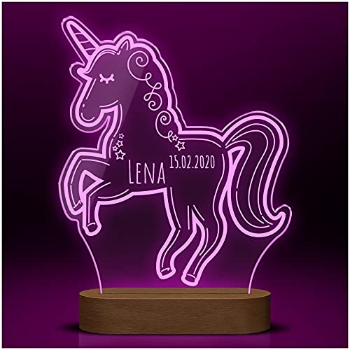 CHRISCK design Einhorn Nachtlampe Kinderzimmer mit Wunsch-Gravur | LED-Licht aus Acryl Glas mit Holzsockel und verschiedenen Motiven | Schreibtischlampe Mädchen Jungen LED Nachtlicht von CHRISCK design