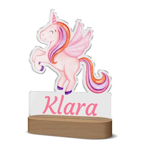 Einhorn Schlummerlampe mit Kindernamen - ideal für den Nachttisch zB als Schlummerlicht oder Stilllicht | mit dimmbaren LED-Holzsockel und buntem Design von CHRISCK design