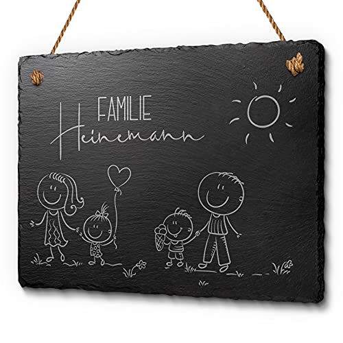 Familienschild aus Schiefer mit Gravur - Haustürschild mit Figuren Mama Papa Kinder | Persönliches Geschenk oder individuelle Dekoidee | Tolles Türschild für Familien (20x15 cm) von CHRISCK design