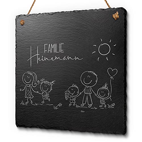 Familienschild aus Schiefer mit Gravur ca. 20x20 cm- Haustürschild mit Figuren Mama Papa Kinder | Persönliches Geschenk & individuelle Dekoidee | Tolles Türschild für Familien von CHRISCK design