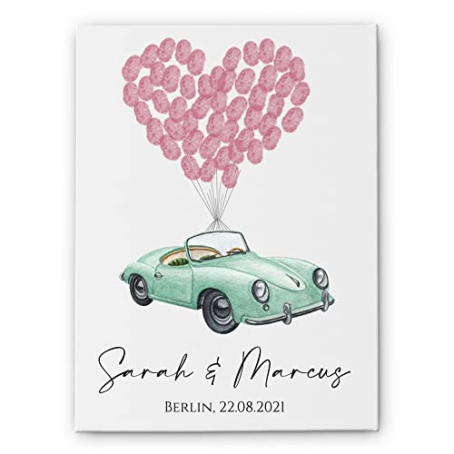 Fingerabdruck Leinwand Hochzeit - tolle Alternative zum Gästebuch - Fingerprint Hochzeitsleinwand mit Auto Cabrio & Luftballons für Fingerabdrücke der Gäste - mit Namen & Datum personalisiert von CHRISCK design