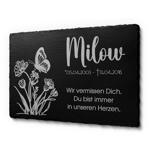 Grabstein Gedenkstein aus Schiefer Grabplatte mit Gravur Schmetterling 30x20 cm | Gedenktafel für Menschen oder Haustiere Hund Katze personalisiert | Gedenkplatte Grabschmuck Urne Andenken wetterfest von CHRISCK design