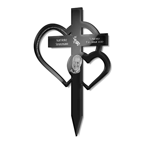 CHRISCK design Großes Grabkreuz mit Gravur aus Hochglanz Acrylglas - Grabstecker Kreuz als wetterfester Grabschmuck mit Gravur - Grabdeko für Urnengrab Grab (Mit Foto) von CHRISCK design