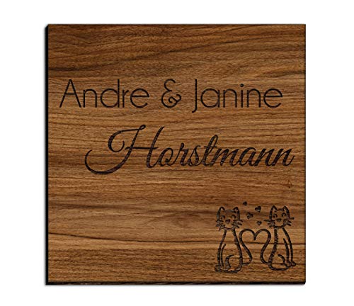 Holz Türschild mit Gravur | Namensschilder Briefkastenschild selbstklebend oder mit Bohrlöcher 10x10 cm eckig Klingelschild/Türschild für die Haustür mit Namen von CHRISCK design