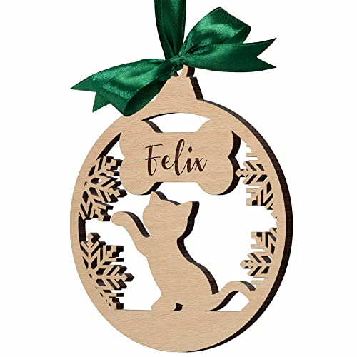 Katzen Weihnachtsschmuck personalisiert - Runder Holzanhänger aus Echtholz für den Christbaum - Weihnachtskugel Katze mit Namen - persönlicher Weihnachtsanhänger von CHRISCK design