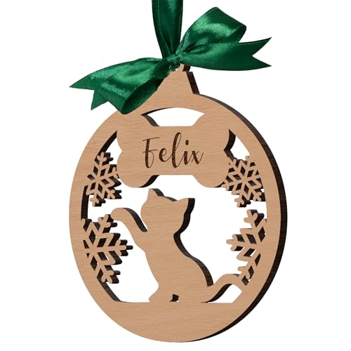 Katzen Weihnachtsschmuck personalisiert - Runder Holzanhänger aus Echtholz für den Christbaum - Weihnachtskugel Katze mit Namen - persönlicher Weihnachtsanhänger von CHRISCK design