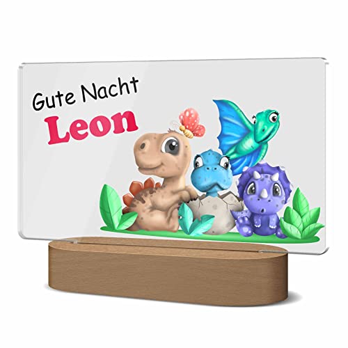 Kinder Nachtleuchte mit niedlichem Dino Design und Namen - ideal für den Nachttisch als Schlummerlicht | mit dimmbaren LED-Holzsockel von CHRISCK design