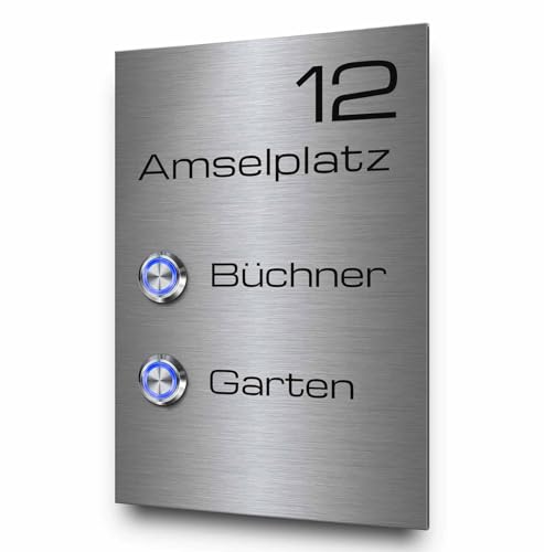 Klingelschild mit 2 Drückern - Modell Büchner 12x18 cm - Edelstahl Türklingel mit personalisierter Gravur und verschiedenen Motiven | farbige LED Taster und diverses Zubehör optional von CHRISCK design