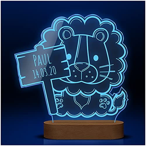 CHRISCK design Löwe Schlummerlicht LED Lampe aus Acrylglas mit Holzsockel | Nachtlicht Kinder mit individueller Gravur | Tolles Geschenk für Kinder zB Geburt Taufe Geburtstag Mädchen Jungen von CHRISCK design