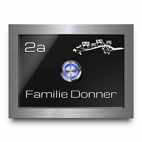 Moderne Türklingel mit Familiennamen und Motiv graviert | Klingelschild Modell Donner 12x9 cm - Optional mit Zubehör und beleuchtetem Klingeltaster von CHRISCK design