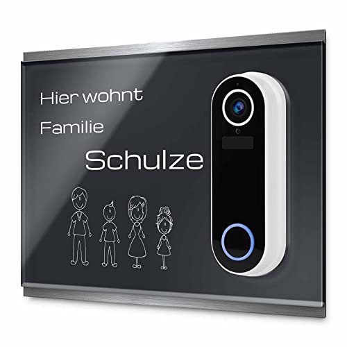 Modernes Klingel Schild für Hombli Smart Doorbell Türklingel - personalisiertes Türschild aus Edelstahl & Acrylglas | kompatibel mit Video Funk Klingel - Funkklingel Zubehör (24x20 cm) von CHRISCK design