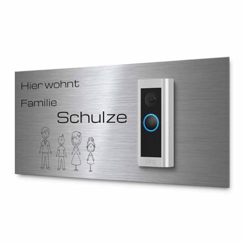 Modernes Klingelschild für Funkklingel Ring Video Doorbell Pro 2 - personalisiertes Türschild aus Edelstahl mit Gravur | kompatibel mit Ring Klingel - hochwertiges Funkklingel Zubehör von CHRISCK design