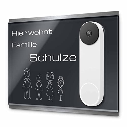 Modernes Namensschild für Google Nest Doorbell mit Akku - personalisiertes Türschild aus Edelstahl & Acrylglas | kompatibel mit Nest Videotürklingel Funk Video Klingel - Funkklingel Zubehör (24x20 cm) von CHRISCK design