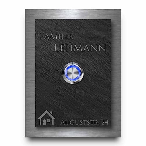 Naturschiefer Türklingel mit Edelstahl Hintergrundplatte - Klingel Modell Lehmann ab 9x12 cm | Personalisierte Klingelplatte mit individueller Wunsch Gravur von CHRISCK design