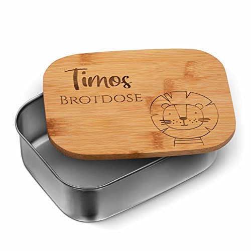 Personalisierte Brotdose Kinder mit Name & Löwe - nachhaltige Brotbüchse Edelstahl & Holz Deckel für Jungen Mädchen - Lunch Box for Kids - Kindergarten Kita Schule - Snackbox Frühstücksbox von CHRISCK design