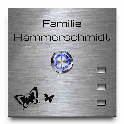 Personalisierte Edelstahl Klingel mit Wunschtext und Motiven - Modell Hammerschmidt 10x10 cm | robuste, langlebige Klingelschilder mit individueller Gravur - jetzt gestalten von CHRISCK design