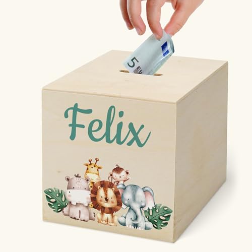 Personalisierte Kinder Spardose aus Echtholz mit niedlichen Designs und eigenem Namen - Spielerisches Sparen für Groß und Klein - Größe ca. 10x10 cm von CHRISCK design