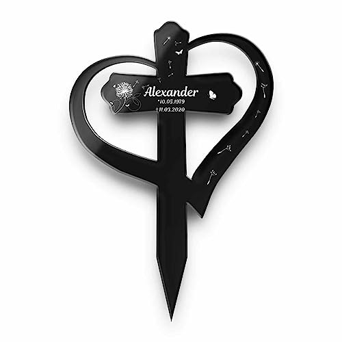 Personalisiertes Grabkreuz Herz mit Gravur aus Hochglanz Acrylglas - Grabstecker Kreuz als gravierte wetterfeste Grabdeko - schwarz o. anthrazit - Grabschmuck für Urnengrab Grab (Mit Motiven) von CHRISCK design