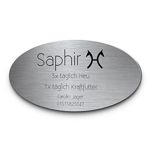 Pferdeschild mit Gravur aus Edelstahl | Namensschild Boxenschild Premium Stallschild mit Bohrlöcher oder selbstklebend 15x8 cm oval mit Brandzeichen und Motiven Ideal für den Stall Pferdebox… (D14) von CHRISCK design