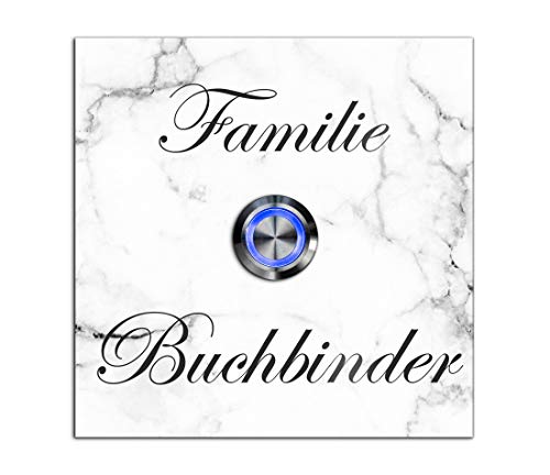 Premium Designer Türklingel mit Namen - Wunschtext | LED-Klingelknopf 12x12 cm | Modell: Buchbinder - beschriftete Klingel aus Hochglanz Acrylglas und Edelstahl Klingelschild Taster beleuchtet von CHRISCK design