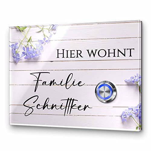 Premium Designer Türklingel mit Namen - Wunschtext | LED-Klingelknopf 13x10 cm | beschriftete Klingel aus Hochglanz Acrylglas und Edelstahl Klingelschild Taster beleuchtet - Modell Bauer von CHRISCK design