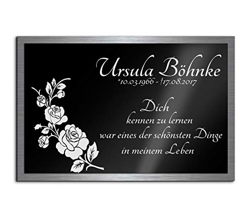 Premium Gedenkplatte Grabplatte mit Gravur " Rosen "| aus Hochglanz Acrylglas und V2A Edelstahlplatte graviert geschützt und 100% wetterfest | Gedenkplatte mit Gravur zum Aufstellen oder Verkleben von CHRISCK design