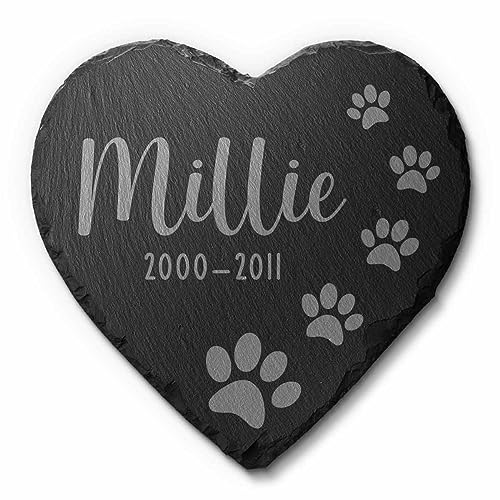 Großer Herz Grabstein Hund | Katze aus Schiefer mit Gravur - ab 20x20 cm - Tier Gedenkstein in Herzform mit Motiven - Grabschmuck Hunde | Katzen - wetterfest imprägnierte Grabplatte Tiergrab von CHRISCK design