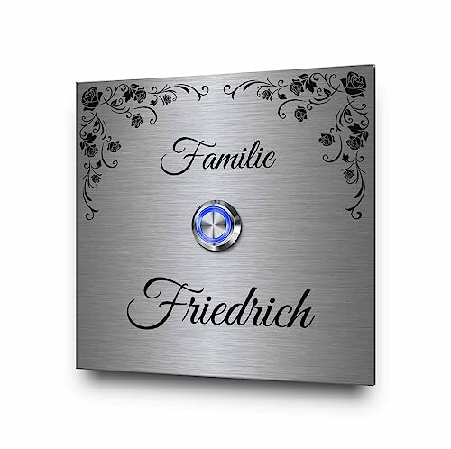 Robuste Türklingel aus Edelstahl mit Wunschtext und Motiv - Klingel Modell Friedrich ab 8x8 cm | Wahlweise mit beleuchtetem Led-Drücker und Hintergrundplatte von CHRISCK design