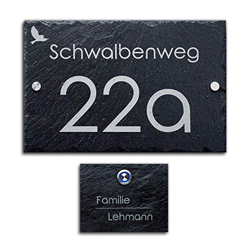 Schiefer Set Hausnummer + Klingelplatte mit Gravur Türklingel inkl. LED Taster von CHRISCK design