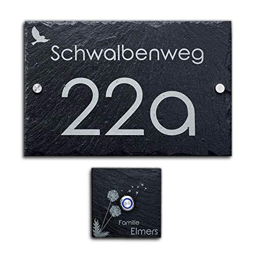 Schiefer Set Hausnummer + Türklingel mit Gravur Klingelschild inkl. LED Taster von CHRISCK design
