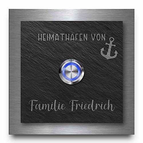 Schiefer Türklingel mit Edelstahlrahmen - Klingel Modell Friedrich ab 10x10 cm | Individuell graviert mit Wunschtext und Motiven - Optional mit beleuchtetem Klingelknopf von CHRISCK design
