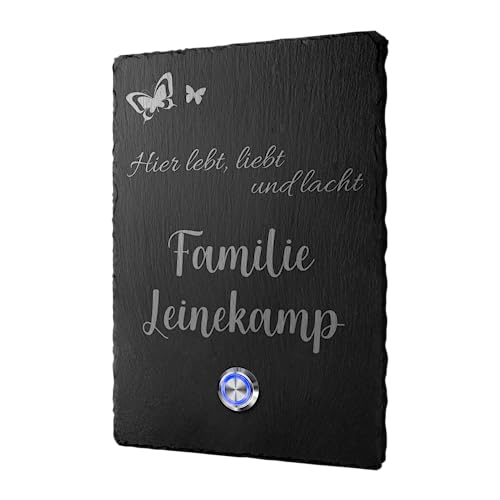 Personalisierte Schiefer Türklingel mit Wunschtext und Motiven - Klingel Modell Leinekamp 13x19 cm | Große Klingelschilder aus Naturstein Schiefer - Mit Premium Klingelknopf von CHRISCK design