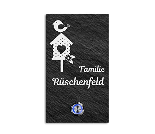 Schiefer Türklingel mit Gravur und LED-Klingelknopf und über 100 Motive | Modell: Rüschenfeld-sch | 10x17 cm Klingel-Taster Klingelschild Klingelplatte Namensschild beschriftet von CHRISCK design